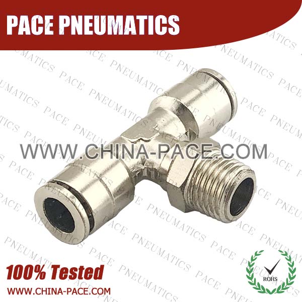 Male Branch Tee Camozzi Type Brass Push In Air Fittings, All Brass Pneumatic Fittings, Nickel Plated Brass Air Fittings, Full Brass Push To Connect Fittings, one touch tube fittings, Push In Pneumatic Fittings